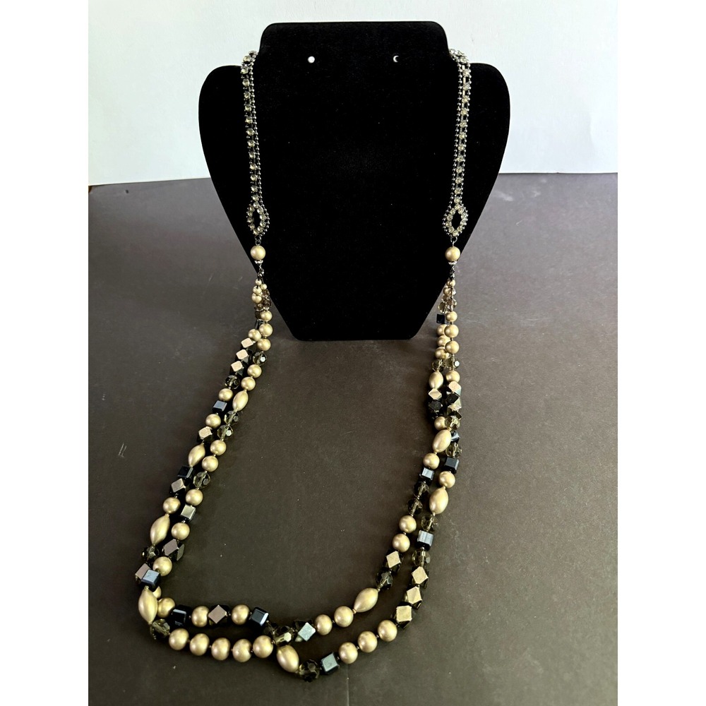 Carolee Rhinestone Gray‎ Silver Tone Faux Pearl Necklace 42" Long Jewelry